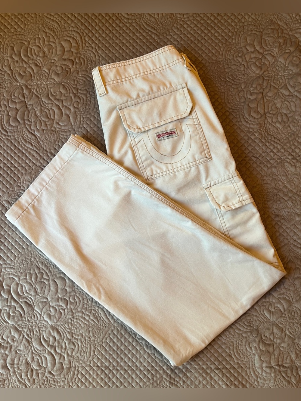 True Religion Men’s Off-White Cargo Pants - Utility Pocket Detail